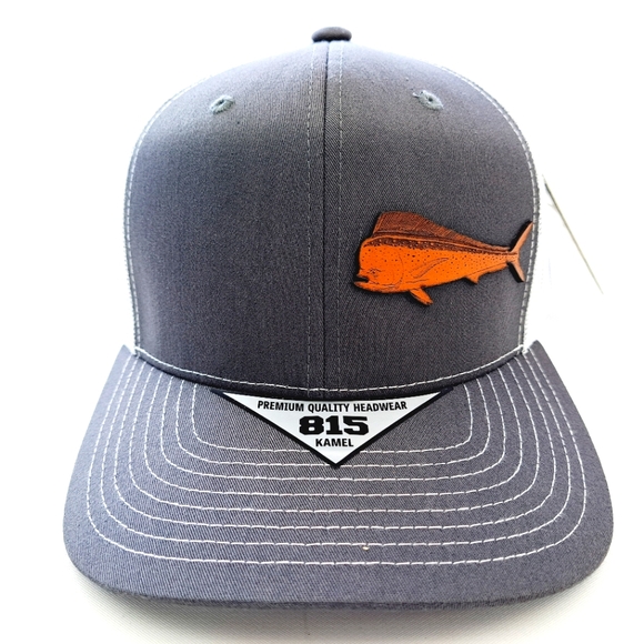 Mahi Dorado Fishing Leather Patch Trucker Mesh Snapback Black - Picture 2 of 5